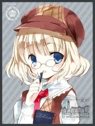 Rule 34 | 1girl, alice margatroid, alternate costume, bad id, bad twitter id, bespectacled, blonde hair, blue eyes, blush, cierra (ra-bit), glasses, grey background, hat, long sleeves, looking at viewer, necktie, notebook, open mouth, pen, pince-nez, portrait, ra-bit, shirt, short hair, simple background, solo, text focus, touhou