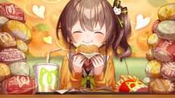 Rule 34 | 1girl, :t, black ribbon, blush, brown hair, burger, cardigan, cat hair ornament, chewing, closed eyes, closed mouth, commentary, cup, drink, drinking straw, eating, fast food, food, french fries, green ribbon, hair between eyes, hair ornament, hair ribbon, heart, highres, holding, holding food, hololive, indoors, long sleeves, medium hair, natsuiro matsuri, natsuiro matsuri (1st costume), neck ribbon, orange cardigan, ribbon, shuu (syuuuuuuuuuu), side ponytail, smile, solo, upper body, virtual youtuber
