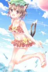 Rule 34 | 1girl, animal ears, bad id, bad pixiv id, bikini, blue sky, bow, breasts, brown hair, cat ears, cat tail, chen, cleavage, cloud, day, earrings, fang, frilled bikini, frills, hat, highres, jewelry, looking at viewer, mob cap, multiple tails, nail polish, navel, open mouth, partially submerged, red bikini, red eyes, sandals, short hair, single earring, sky, small breasts, smile, solo, sparkle, standing, standing on one leg, swimsuit, tail, touhou, wading, water, yuuki (yuurinn yuurinn)