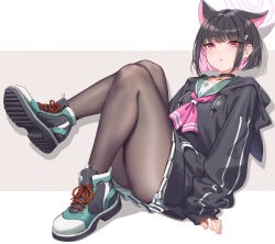Rule 34 | 1girl, animal ears, arm support, black hair, blue archive, cat ears, choker, commentary request, fangxiang cuoluan, fingernails, floating, floating object, full body, hair ornament, hairclip, halo, highres, hood, hood down, kazusa (blue archive), knees up, legs, long sleeves, multicolored hair, pantyhose, parted lips, pink hair, pleated skirt, purple eyes, shadow, shoes, short hair, simple background, sitting, skirt, sleeves past wrists, sneakers, solo