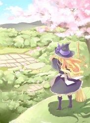 Rule 34 | 1girl, apron, aro s, back, bamboo broom, black dress, black hat, blonde hair, boots, broom, cherry blossoms, cloud, day, dress, farm, female focus, field, from behind, hat, kirisame marisa, long hair, nature, rice paddy, scenery, shimakusa arou, sky, solo, standing, touhou, tree, witch, witch hat