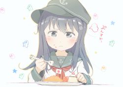 Rule 34 | 10s, 1girl, akatsuki (kancolle), anchor print, anger vein, black hair, character print, commentary request, eating, failure penguin, flat cap, food, food art, food on face, fork, gomennasai, grey eyes, hat, holding, holding fork, kantai collection, long sleeves, miss cloud, neckerchief, plate, pudding, red neckerchief, rice, school uniform, serafuku, sidelocks, simple background, sketch, sleeves past wrists, solo, star (symbol), tako-san wiener, tears, translation request