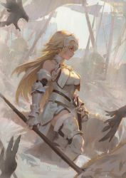 Rule 34 | 1girl, armor, armored dress, battlefield, bird, blonde hair, breastplate, crow, fate/grand order, fate (series), gauntlets, greaves, holding, holding weapon, jeanne d&#039;arc (fate), jeanne d&#039;arc (ruler) (fate), jeanne d&#039;arc (third ascension) (fate), krenz, long hair, polearm, sword, weapon