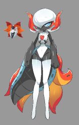 Rule 34 | 1girl, aliasing, black skin, blue eyes, bob cut, body fur, boots, bright pupils, closed mouth, colored skin, covered navel, creatures (company), ddingyong, expressionless, female focus, full body, fusion, game freak, gardevoir, gen 3 pokemon, gen 5 pokemon, grey background, groin, hair over one eye, horns, insect girl, legs, leotard, monster girl, moth girl, narrow waist, nintendo, official art inset, one eye covered, pokemon, pokemon (creature), red horns, shiny skin, short hair, simple background, solo, standing, thigh boots, volcarona, white footwear, white fur, white hair, white leotard, white pupils, wide hips