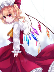 Rule 34 | 1girl, adapted costume, ascot, blonde hair, collared shirt, cowboy shot, crystal, flandre scarlet, frilled shirt collar, frilled skirt, frilled sleeves, frills, hat, kuromame1025, long sleeves, medium hair, mob cap, multicolored wings, one side up, puffy long sleeves, puffy sleeves, red eyes, red skirt, red vest, sailor collar, shirt, simple background, skirt, skirt set, sleeve ribbon, solo, touhou, vest, white background, white hat, white sailor collar, white shirt, wings, yellow ascot