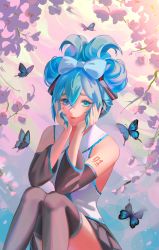Rule 34 | 1girl, aqua eyes, aqua hair, bare shoulders, black skirt, black sleeves, black thighhighs, blue bow, blue butterfly, bow, bow-shaped hair, breasts, bug, butterfly, cinnamiku, collared shirt, detached sleeves, feet out of frame, hair between eyes, hands on own cheeks, hands on own face, hatsune miku, highres, insect, light blush, long hair, looking at viewer, medium breasts, outdoors, pleated skirt, shirt, sitting, skirt, sleeveless, sleeveless shirt, smile, solo, thighhighs, vocaloid, white shirt, yubuki i