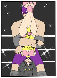 Rule 34 | 1boy, 1girl, bare shoulders, black hair, blush, boots, crotch, fighting, fingerless gloves, ghost13, gloves, hair ornament, highres, leotard, long hair, mixed wrestling, muscular, ninoita rina, open mouth, original, pain, ryona, sweat, thick thighs, thigh boots, thighhighs, thighs, upside-down, very long hair, wrestler, wrestling, wrestling outfit