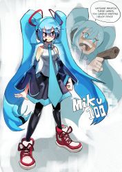 Rule 34 | absurdres, black legwear, blue eyes, blue hair, blue neckwear, blush stickers, clenched hand, english text, grey eyes, grey skirt, gun, hatsune miku, headset, highres, light blue hair, long hair, long sleeves, luny, meme, necktie, open mouth, profanity, red footwear, skirt, smile, twintails, very long hair, vocaloid, weapon