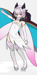 Rule 34 | 1girl, arm up, breasts, cape, cowfee, crown, dress, fluffy collar, heels, horns, looking at viewer, monster girl, no bra, original, pointy ears, simple background, small breasts, solo, standing, thighhighs, white dress, white eyes, white hair, wings