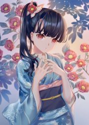 Rule 34 | 1girl, :o, black hair, blue kimono, blunt bangs, butterfly hair ornament, curious, floral background, floral print, flower, flower request, hair flower, hair ornament, hair over shoulder, highres, japanese clothes, kimetsu no yaiba, kimono, littleamber, long sleeves, looking at viewer, obi, red eyes, red flower, sash, side ponytail, solo, tsuyuri kanao, upper body