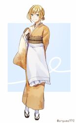 Rule 34 | 1boy, androgynous, apron, aqua eyes, aryuma772, behemo, blonde hair, enbizaka no shitateya (vocaloid), evillious nendaiki, floral print, frilled apron, frilled kimono, frilled sleeves, frills, hair bun, hair ornament, highres, holding, holding tray, japanese clothes, kanzashi, kimono, looking at viewer, maid apron, obi, sash, smile, tray, yellow kimono