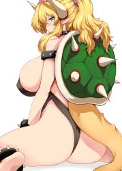 Rule 34 | 1girl, ass, bare shoulders, barefoot, black legwear, blonde hair, blue eyes, bowsette, bracelet, breasts, collar, crown, fangs, highleg, highleg leotard, highres, horns, huge breasts, jewelry, leotard, long hair, looking at viewer, looking back, mario (series), new super mario bros. u deluxe, nintendo, open mouth, simple background, sitting, solo, spiked bracelet, spiked collar, spikes, super crown, super mario bros. 1, tail, tsukasawa takamatsu, wariza, white background