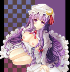 Rule 34 | 1girl, absurdres, blush, bow, breast hold, breasts, breasts out, chain, checkered background, cleavage, collar, crescent, cuffs, dress, eyebrows, female focus, hair bow, handcuffs, hat, highres, large breasts, long hair, long sleeves, looking at viewer, mob cap, nipples, open clothes, oubou, parted lips, patchouli knowledge, pillarboxed, purple background, purple eyes, purple hair, red bow, red ribbon, restrained, ribbon, sidelocks, simple background, sitting, solo, touhou, very long hair, white dress, white hat, yokozuwari