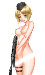 Rule 34 | 1girl, black hat, blonde hair, breasts, commentary, completely nude, garrison cap, girls&#039; frontline, gun, hat, henshako, holding, holding gun, holding weapon, large breasts, light censor, looking at viewer, military hat, mp40, mp40 (girls&#039; frontline), navel, nipples, nude, parted bangs, parted lips, red eyes, short hair, simple background, skindentation, smile, solo, submachine gun, thigh strap, weapon, white background