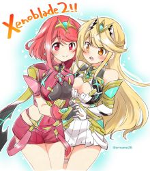 Rule 34 | 2girls, armor, bare shoulders, blonde hair, blush, breasts, cleavage, dress, dual persona, earrings, elbow gloves, eromame, fingerless gloves, gem, gloves, hair ornament, headpiece, heart, jewelry, large breasts, long hair, looking at viewer, multiple girls, mythra (xenoblade), nintendo, pyra (xenoblade), red eyes, red hair, red shorts, selfcest, short hair, short shorts, shorts, smile, swept bangs, tiara, very long hair, white dress, xenoblade chronicles (series), xenoblade chronicles 2, yellow eyes, yuri