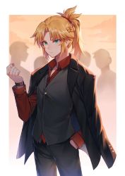 Rule 34 | 1girl, alternate costume, aqua eyes, black jacket, black pants, black vest, blonde hair, border, braid, closed mouth, collared shirt, cowboy shot, fate/grand order, fate (series), formal, hand in pocket, highres, jacket, jacket on shoulders, long sleeves, mordred (fate), mordred (fate/apocrypha), open clothes, open jacket, outside border, pant suit, pants, parted bangs, red shirt, shirt, short hair, short ponytail, sidelocks, silhouette, solo focus, suit, v-shaped eyebrows, vest, watch, white border, wristwatch, yorukun