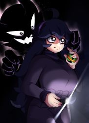 Rule 34 | 1girl, absurdres, alternate breast size, black hair, breasts, bright pupils, closed mouth, commentary, creatures (company), curly hair, delatoid, dress, dusk ball, flashlight, game freak, gen 1 pokemon, grey eyes, hand up, haunter, hex maniac (pokemon), highres, holding, holding poke ball, holding torch, large breasts, long hair, long sleeves, nintendo, poke ball, pokemon, pokemon (creature), pokemon xy, raised eyebrows, torch, white pupils