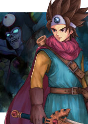 Rule 34 | 1boy, belt, border, brown gloves, brown hair, cape, circlet, closed mouth, commentary, dragon quest, dragon quest iii, gloves, glowing, glowing eyes, grey eyes, holding, holding sword, holding weapon, looking away, male focus, natrium picture, pointy hair, red cape, roto (dq3), serious, shaded face, sharp teeth, sheath, solo focus, spiked hair, sword, teeth, third eye, tunic, v-shaped eyebrows, weapon, white border, yellow sleeves