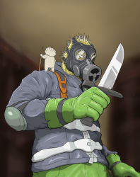 Rule 34 | 1boy, blurry, blurry background, caiman (dorohedoro), cubechicken15, dorohedoro, dumpling, elbow pads, food, furry, furry male, gas mask, gloves, green gloves, green pants, highres, holding, holding knife, jacket, jiaozi, knife, lizardman, male focus, mask, on shoulder, pants, upper body