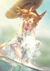 Rule 34 | 1girl, :d, absurdres, animal ear fluff, animal ears, bare legs, blonde hair, blue eyes, blue sky, borrowed character, breasts, cleavage, collarbone, day, dress, fox ears, fox girl, fox tail, hat, highres, kitsune no oyome-chan, looking at viewer, open mouth, outdoors, outstretched arms, sky, smile, solo, sparkle, splashing, standing, straw hat, sundress, sunlight, tail, water, white dress, youryokuso (chlorophyll)