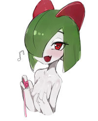 Rule 34 | 1girl, blush, breasts, collarbone, colored skin, controller, creatures (company), cropped torso, dildo, fang, female focus, game freak, gen 3 pokemon, grabbing own breast, green hair, hands up, happy, highres, holding, holding sex toy, kirlia, looking at viewer, musical note, my700, nintendo, open mouth, pokemon, pokemon (creature), red eyes, remote control, remote control vibrator, sex toy, shiny skin, short hair, sidelocks, simple background, sketch, skin fang, small breasts, smile, solo, upper body, vibrator, white background, white skin