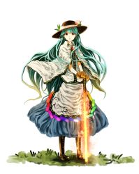 Rule 34 | 1girl, blue hair, boots, buruxugi, cape, female focus, food, fruit, gloves, hat, hinanawi tenshi, long hair, puffy sleeves, red eyes, short sleeves, solo, sword of hisou, touhou, weapon