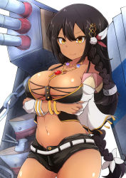 Rule 34 | &gt;:), 1girl, azur lane, bare shoulders, belt, black hair, bracelet, braid, breast hold, breasts, brown eyes, bustier, crossed arms, dark-skinned female, dark skin, detached sleeves, feather hair ornament, feathers, hair between eyes, feather hair ornament, hair ornament, hair ribbon, heka=ton, highres, jewelry, large breasts, long hair, machinery, multiple braids, native american, navel, necklace, open clothes, open shorts, revealing clothes, ribbon, shorts, smile, solo, south dakota (azur lane), unbuttoned, v-shaped eyebrows, very long hair