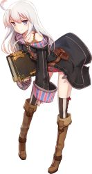 Rule 34 | 1girl, ahoge, bad id, bare shoulders, belt, bent over, book, boots, bow, bowtie, coat, collarbone, full body, gradient hair, highres, knee boots, long hair, looking at viewer, multicolored hair, non-web source, off shoulder, pigeon-toed, pouch, purple eyes, shizuma yoshinori, short shorts, shorts, smile, solo, standing, striped clothes, striped thighhighs, thighhighs, transparent background, white hair, wrist cuffs, zero (zero kara hajimeru mahou no sho), zero kara hajimeru mahou no sho