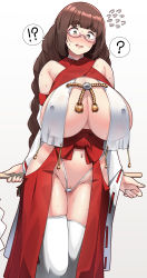 Rule 34 | 1girl, absurdres, areola slip, bare shoulders, big hair, blunt bangs, blush, braid, breast curtains, breasts, brown hair, cleavage, cleft of venus, covered erect nipples, curvy, embarrassed, feet out of frame, glasses, gohei, green eyes, groin, hakama, highleg, highleg panties, highres, hip vent, huge breasts, japanese clothes, konoshige (ryuun), large areolae, long hair, long skirt, looking at viewer, micro panties, miko, miko (konoshige), navel, nontraditional miko, open mouth, original, panties, pussy, pussy peek, red hakama, red skirt, ribbon-trimmed sleeves, ribbon trim, see-through, shide, sidelocks, simple background, single braid, skindentation, skirt, solo, standing, sweat, thick eyebrows, thick thighs, thighhighs, thighs, tongue, underwear, very long hair, white thighhighs, wide hips, wide sleeves