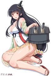 Rule 34 | 10s, 1girl, bad id, bad pixiv id, black hair, breasts, cannon, casual one-piece swimsuit, cleavage, feet, fusou (kancolle), headgear, highres, kantai collection, long hair, looking at viewer, machinery, medium breasts, one-piece swimsuit, red eyes, sandals, sarong, shin&#039;en (gyokuro company), sitting, solo, swimsuit, toes, white one-piece swimsuit, yokozuwari