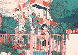 Rule 34 | 1girl, bird, black hair, building, cat, cloud, cloudy sky, commentary request, daruma doll, door, grass, hair ornament, hairclip, long sleeves, medium hair, original, outdoors, industrial pipe, railing, scarf, signature, sky, smile, solo, stairs, tami yagi, tree, white cat