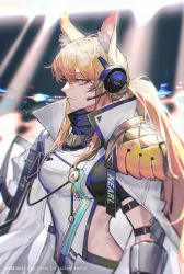 Rule 34 | 1girl, absurdres, animal ears, apron, arknights, armor, artist name, black scarf, blonde hair, character name, dated, gauntlets, headset, highres, horse ears, implied extra ears, nearl (arknights), nearl the radiant knight (arknights), official alternate costume, pauldrons, ponytail, profile, rhine (overtonerhine), scarf, shirt, shoulder armor, single pauldron, solo, upper body, waist apron, white shirt, yellow eyes