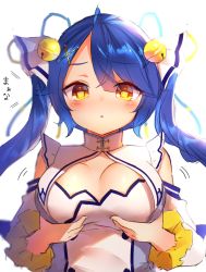 Rule 34 | 1girl, :o, amamiya kokoro, bare shoulders, bell, blue hair, blurry, blush, breast hold, breasts, cleavage, cleavage cutout, clothing cutout, detached sleeves, dress, frilled sleeves, frills, hair bell, hair ornament, hair over one eye, hair ribbon, highres, jingle bell, long hair, looking at viewer, multicolored clothes, neit ni sei, nijisanji, open mouth, ribbon, sketch, solo, twintails, two side up, upper body, very long hair, virtual youtuber, white background, x hair ornament, yellow eyes