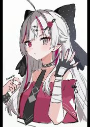 Rule 34 | 1girl, ahoge, bandaged wrist, bandages, bare shoulders, black bow, black choker, black gloves, black necktie, bow, choker, commentary request, cropped torso, expressionless, fingerless gloves, gloves, grey eyes, grey hair, h (eitilog), hair bow, hair ornament, hairclip, hands up, heterochromia, ishigami nozomi, jewelry, long hair, looking at viewer, multicolored hair, multiple rings, nail polish, necktie, nijisanji, off shoulder, parted lips, pink eyes, pink hair, pink shirt, purple nails, ring, shirt, short sleeves, simple background, single glove, solo, spiked choker, spikes, streaked hair, twitter username, upper body, virtual youtuber, white background