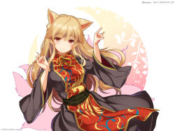 Rule 34 | 1girl, animal ears, artist name, black dress, black sash, blonde hair, blush, breasts, chinese clothes, crescent, dress, energy, fox ears, fox shadow puppet, fox tail, gold trim, hand gesture, hands up, head tilt, highres, junko (touhou), kemonomimi mode, large breasts, long hair, long sleeves, looking at viewer, monety, neck ribbon, no headwear, red eyes, ribbon, sash, scan, sidelocks, simple background, solo, tabard, tail, touhou, very long hair, white background, wide sleeves, yellow ribbon