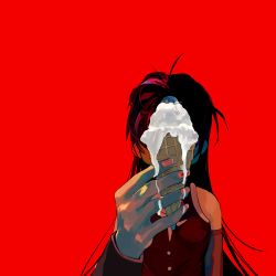 Rule 34 | 1girl, absurdres, bare shoulders, covered face, detached sleeves, food, highres, holding, holding food, ice cream, ice cream cone, long hair, magical girl, mahou shoujo madoka magica, mahou shoujo madoka magica (anime), mihifu, ponytail, red background, red hair, red theme, sakura kyoko, simple background, sleeveless, solo, upper body