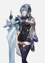 Rule 34 | 1girl, aqua hair, bamu (bamu0504), boots, breasts, eula (genshin impact), full body, genshin impact, gloves, hair ornament, highres, holding, holding sword, holding weapon, long sleeves, medium breasts, medium hair, solo, standing, sword, thigh boots, thighhighs, weapon