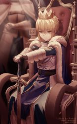 Rule 34 | 1girl, 1other, ahoge, armor, artist name, artoria pendragon (all), artoria pendragon (fate), bad id, bad pixiv id, blonde hair, blurry, blurry background, braid, breastplate, cape, closed mouth, commentary request, crown, excalibur (fate/stay night), fate/stay night, fate (series), frown, fur trim, gauntlets, green eyes, hands on hilt, hands up, highres, holding, holding weapon, looking at viewer, outstretched arms, pixiv id, rimuu, saber (fate), short hair, sitting, solo focus, standing, sword, throne, twitter username, weapon
