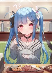 Rule 34 | 1boy, 2girls, :t, ?, black bow, black collar, blue hair, blue nails, blush, bow, closed mouth, collar, collarbone, collared shirt, commentary request, couch, earrings, eating, egg (food), food, food on face, fork, fried egg, frilled shirt collar, frills, grey shirt, hair bow, hair ornament, heart, highres, holding, holding fork, indoors, jewelry, long hair, long sleeves, looking at viewer, multiple girls, nail polish, on couch, original, puffy long sleeves, puffy sleeves, rabbit hair ornament, red eyes, shirt, sitting, sleeves past wrists, solo focus, steak, tsukiman, twintails, upper body, very long hair