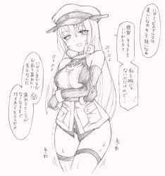 Rule 34 | 10s, 1girl, bare shoulders, bismarck (kancolle), blush, breasts, crossed arms, detached sleeves, gloves, greyscale, has bad revision, has downscaled revision, hat, have to pee, highres, kantai collection, koorimizu, large breasts, long hair, long sleeves, looking at viewer, md5 mismatch, military, military hat, military uniform, monochrome, panties, peaked cap, resolution mismatch, simple background, smile, solo, source smaller, sweat, text focus, thighhighs, translation request, trembling, underwear, uniform, white background