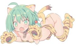 Rule 34 | 1girl, :o, ahoge, animal ears, animal hands, animal print, bare shoulders, bikini, blade (galaxist), blush, breasts, chain, cham cham, collarbone, commentary request, fang, full body, gloves, green eyes, green hair, hair between eyes, open mouth, paw gloves, paw shoes, print thighhighs, samurai spirits, shoes, simple background, skin fang, small breasts, solo, striped clothes, striped thighhighs, swimsuit, tail, tail raised, thighhighs, tiger ears, tiger girl, tiger print, tiger tail, white background, yellow bikini