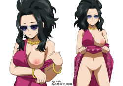 Rule 34 | 1girl, artist name, bangle, bare shoulders, black eyes, black hair, blue-tinted eyewear, blue-tinted glasses, boku no hero academia, bracelet, breasts, clothes lift, dress, dress lift, highres, jewelry, large breasts, long hair, necklace, nervous, nipples, no panties, no pussy, one breast out, pink dress, purple-tinted eyewear, purple-tinted glasses, shoganight, simple background, standing, sunglasses, sweatdrop, tinted eyewear, white background, yaoyorozu momo