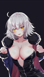 Rule 34 | 1girl, ahoge, baocaizi, black background, black dress, breasts, cleavage, collarbone, dress, fate/grand order, fate (series), fur trim, highres, jeanne d&#039;arc (fate), jeanne d&#039;arc alter (fate), jeanne d&#039;arc alter (ver. shinjuku 1999) (fate), large breasts, looking at viewer, official alternate costume, silver hair, smile, solo, tongue, tongue out, upper body, wicked dragon witch ver. shinjuku 1999, yellow eyes