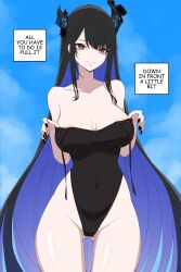 Rule 34 | 1girl, :d, absurdres, areola slip, asymmetrical horns, black hair, black horns, black nails, black one-piece swimsuit, blue hair, blue sky, breasts, cleavage, closed mouth, clothes pull, cloud, covered navel, day, daydarion, english text, gluteal fold, groin, highleg, highleg swimsuit, highres, hololive, hololive english, horns, large breasts, long hair, mole, mole under eye, nerissa ravencroft, one-piece swimsuit, one-piece swimsuit pull, open mouth, outdoors, pulled by self, red eyes, sky, smile, solo, speech bubble, swimsuit, undressing, untied swimsuit, very long hair, virtual youtuber