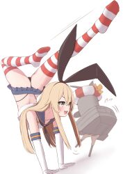 Rule 34 | 1girl, absurdres, ass, black panties, blonde hair, blue sailor collar, blush, butt crack, crop top, elbow gloves, full body, gloves, hairband, handstand, highleg, highleg panties, highres, kantai collection, long hair, looking to the side, microskirt, open mouth, panties, rensouhou-chan, sailor collar, shimakaze (kancolle), skirt, smile, solo, striped clothes, striped thighhighs, thighhighs, tiemu (man190), underwear, white gloves, yellow eyes