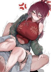 Rule 34 | 1boy, 1girl, anger vein, blue archive, blush, breasts, commentary, commentary request, dress, girl on top, green jacket, hair between eyes, halo, hetero, highres, jacket, k8on, large breasts, long hair, long sleeves, navel, red eyes, red hair, red halo, reijo (blue archive), sex, simple background, sleeveless, sleeveless dress, spoken anger vein, sweat, symbol-only commentary, thigh strap, thighs, white background
