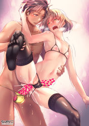 Rule 34 | 2boys, anal, backless panties, ball bra, black thighhighs, blonde hair, blush, bra, censored, chinanago, chinanago7010, commentary request, covered testicles, cum, cum in ass, cupless bra, erection, feet, full-face blush, green eyes, gyaruo, heart, heart censor, highres, lace, lace-trimmed legwear, lace-trimmed thighhighs, lace trim, leg lift, male focus, male penetrated, mosaic censoring, multiple boys, multiple penises, navel, nipples, open mouth, original, paid reward available, panties, penis, sex, sex from behind, short hair, standing, standing sex, thighhighs, torso grab, trap, trembling, underwear, yaoi