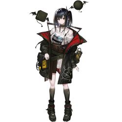 Rule 34 | 1girl, arknights, bare shoulders, belt, black belt, black choker, black footwear, black hair, black jacket, black socks, boots, choker, closure (arknights), full body, hair between eyes, halterneck, jacket, kneehighs, long hair, long sleeves, looking at viewer, off-shoulder shirt, off shoulder, official art, one side up, open clothes, open jacket, pointy ears, red eyes, shirt, smile, socks, solo, standing, t-shirt, transparent background, white shirt, yui (niikyouzou)