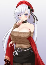 Rule 34 | 1girl, aran sweater, arm under breasts, azur lane, bare shoulders, belfast (azur lane), belfast (shopping with the head maid) (azur lane), beret, black bow, black choker, black pantyhose, black skirt, blue eyes, blush, bow, breasts, brown sweater, cable knit, choker, cleavage, collarbone, commentary request, cowboy shot, earrings, gradient background, grey background, hair bow, hat, highres, jewelry, large breasts, lemon kele, long hair, long sleeves, looking at viewer, miniskirt, off-shoulder sweater, off shoulder, official alternate costume, pantyhose, partial commentary, pencil skirt, red hat, shawl, silver hair, skirt, smile, solo, standing, sweater, very long hair
