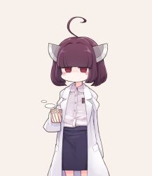 Rule 34 | 1girl, ahoge, alternate costume, black skirt, blunt bangs, blush, breast pocket, brown hair, coat, commentary request, cup, dress shirt, feet out of frame, headgear, highres, holding, holding cup, lab coat, looking at viewer, mochi (mochi444420), mug, no mouth, open clothes, open coat, oversized clothes, pen in pocket, pencil skirt, pocket, red eyes, shirt, shirt tucked in, short hair, simple background, skirt, solo, standing, steam, teacher, touhoku kiritan, voiceroid, white coat, white shirt